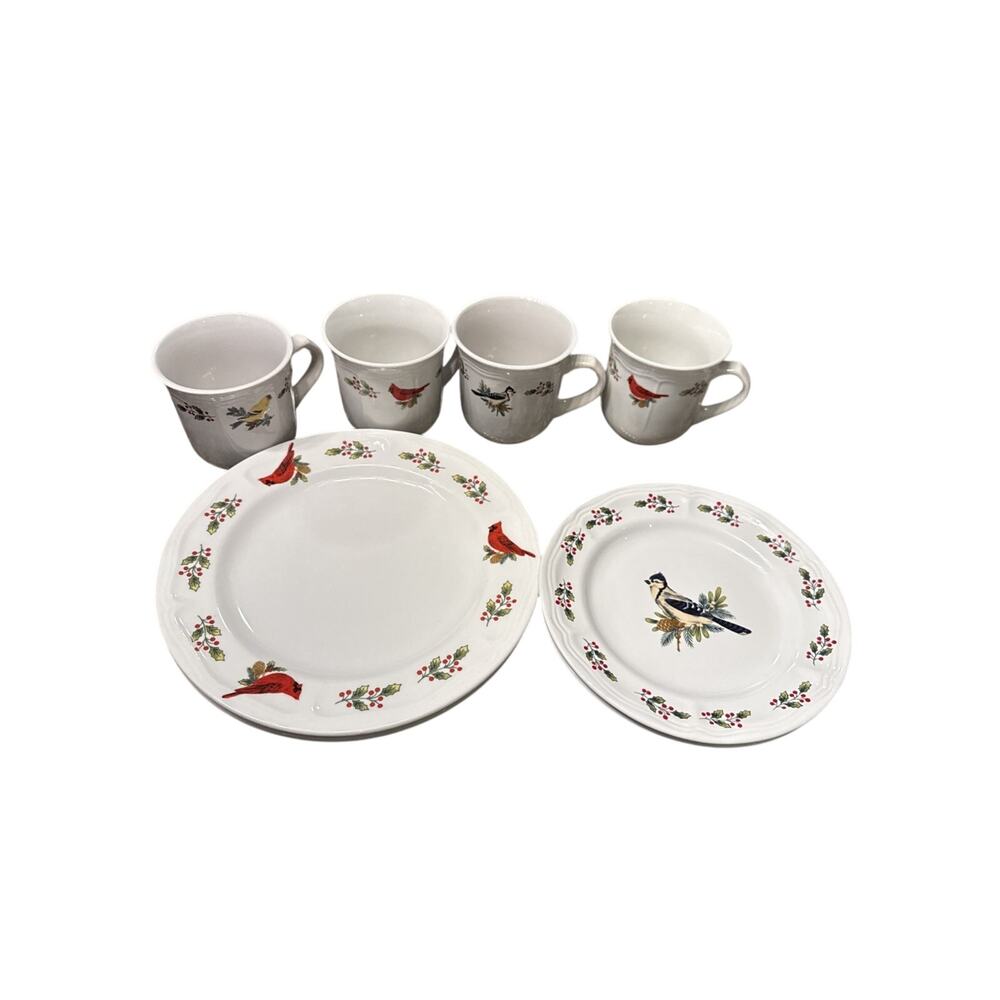 8 Pc. Gibson Designs Winter Birds mug features a cardinal and holly pattern